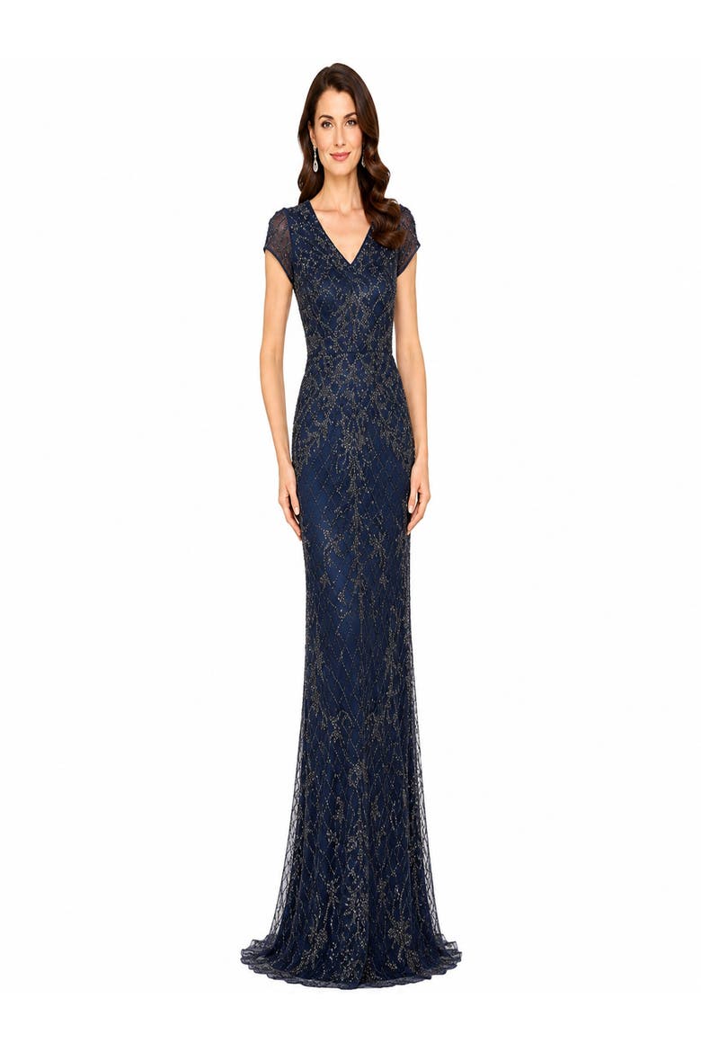 Cap Sleeve Mermaid Beaded Gown, Main, color, Navy