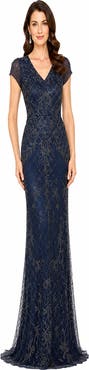 LARA New York Cap Sleeve Mermaid Beaded Gown