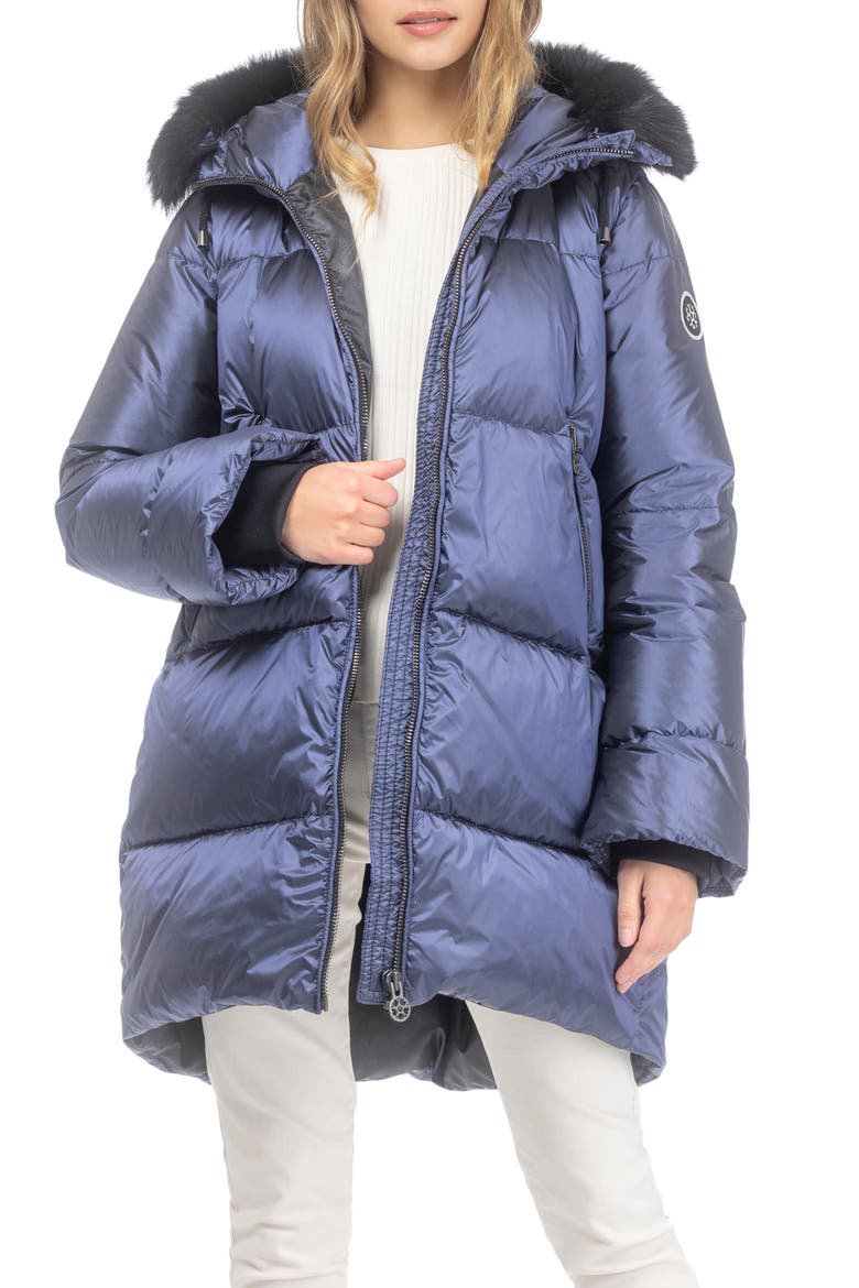 Apres-Ski Horizontal Jacket With Detachable Genuine Shearling Hood Trim, Alternate, color, OCEAN BLUE/BLACK