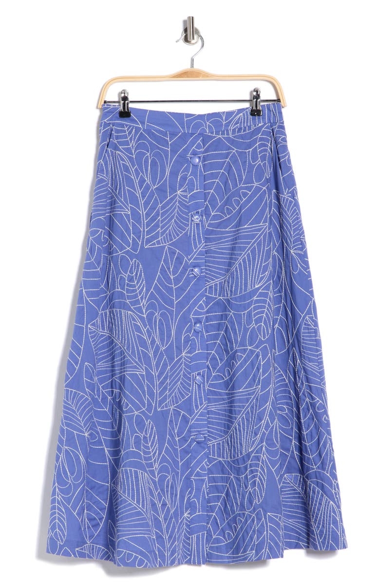 1901 Embroidered Cotton Midi Skirt, Alternate, color, Blue-White Leaf Embr