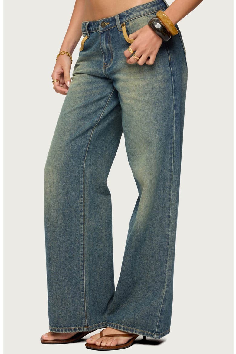 Faux Suede Trim Wide Leg Jeans, Alternate, color, BLUE-WASHED