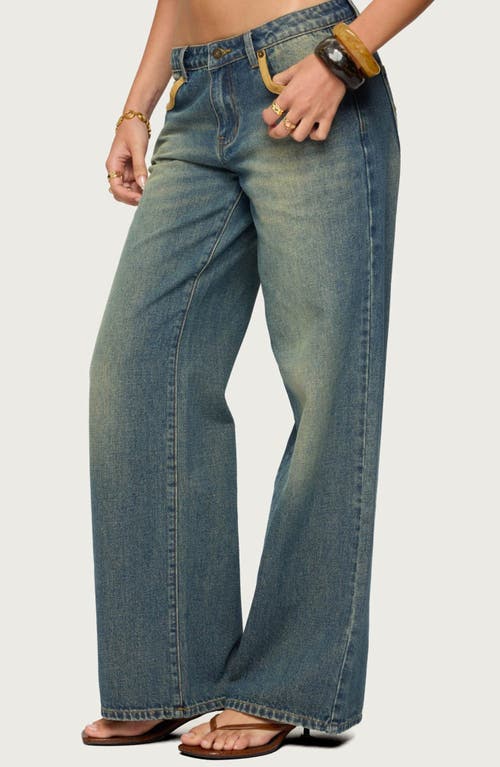Edikted Faux Suede Star Low Rise Blue Wash Jeans In Blue