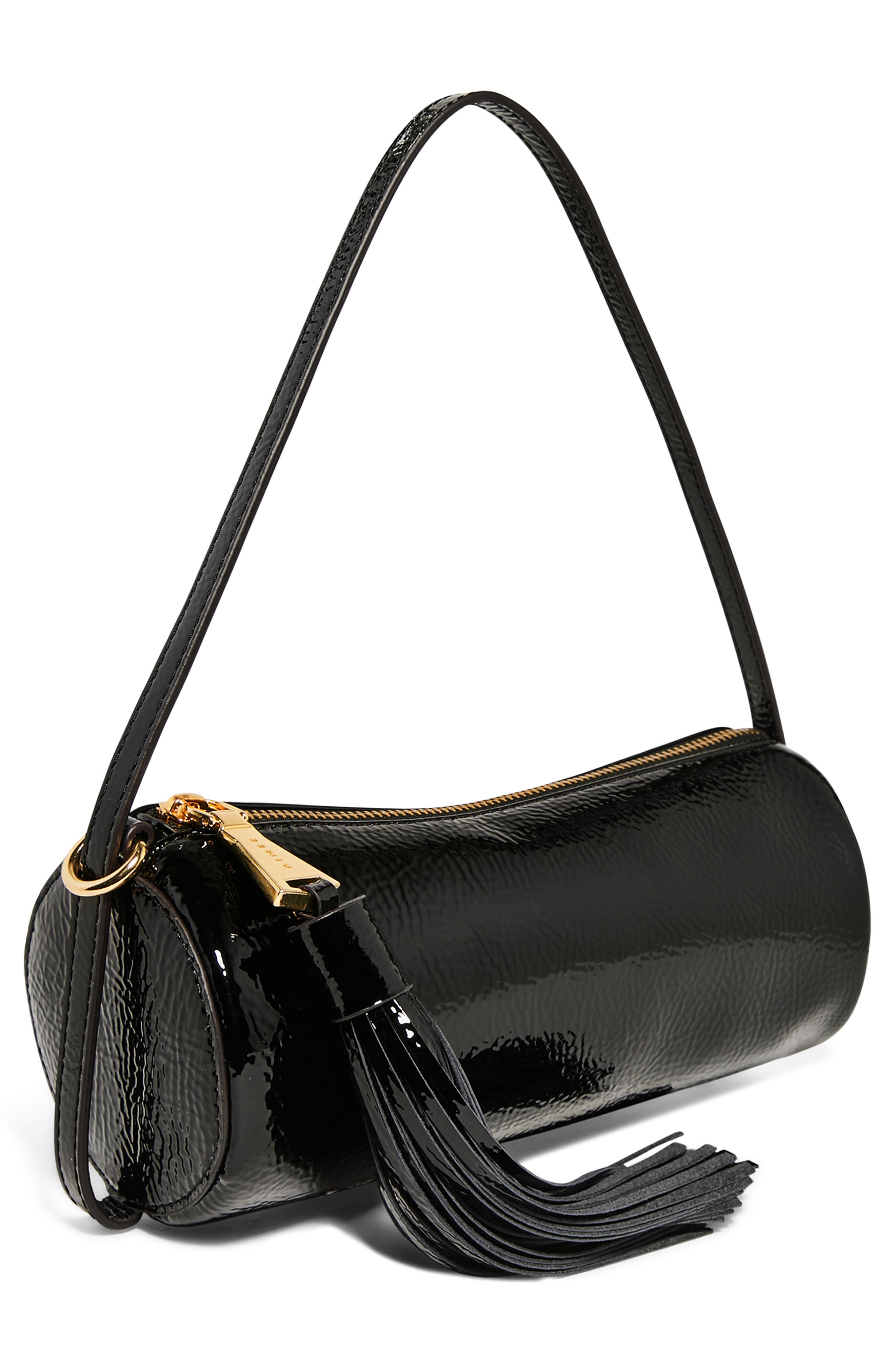 AIMEE Barrel Leather Shoulder Bag, Alternate, color, Black Crinkle Patent