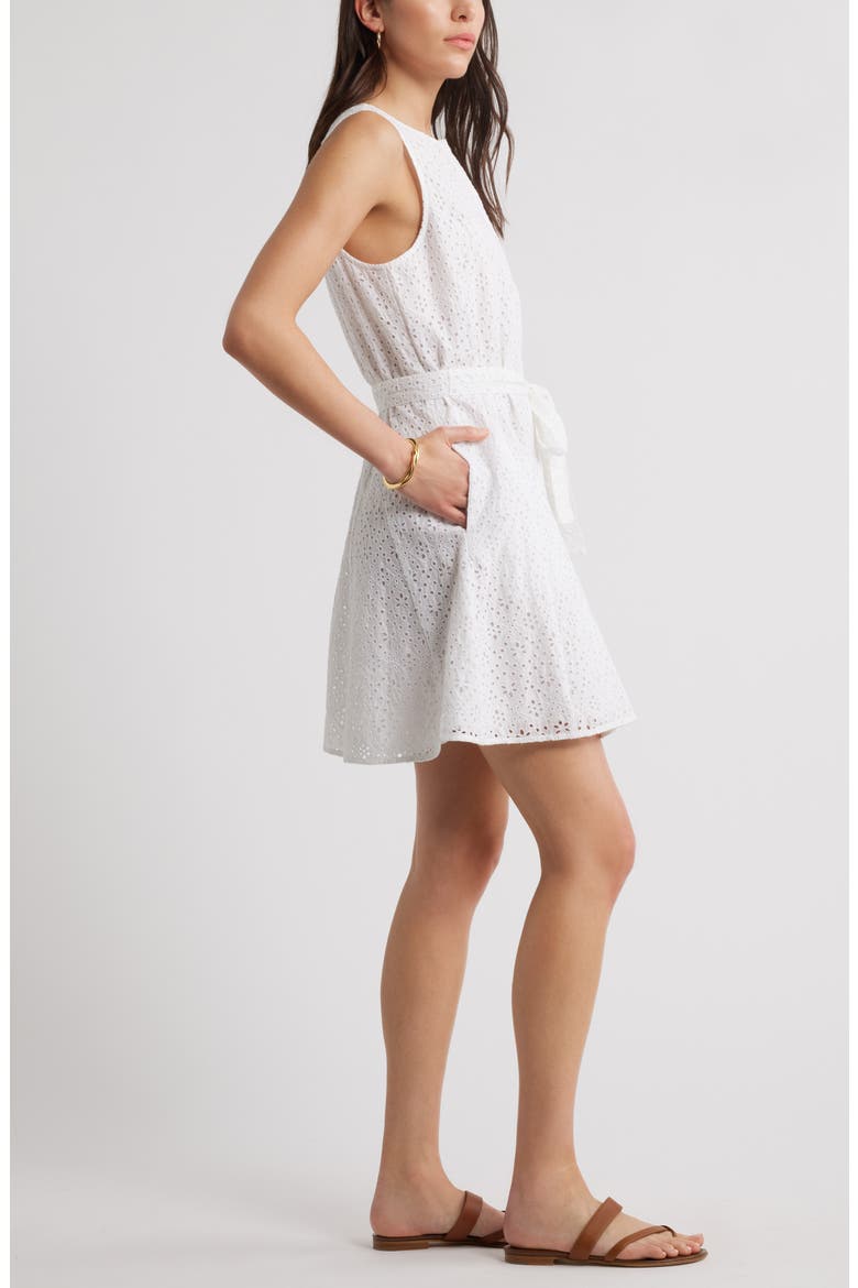 Sleeveless Cotton Eyelet Belted Dress, Alternate, color, WHITE