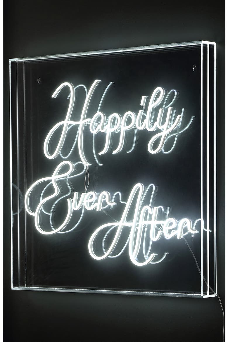 Happily Ever After 23.63" Square Contemporary Glam Acrylic Box USB Operated LED Neon Light, White, Alternate, color, White