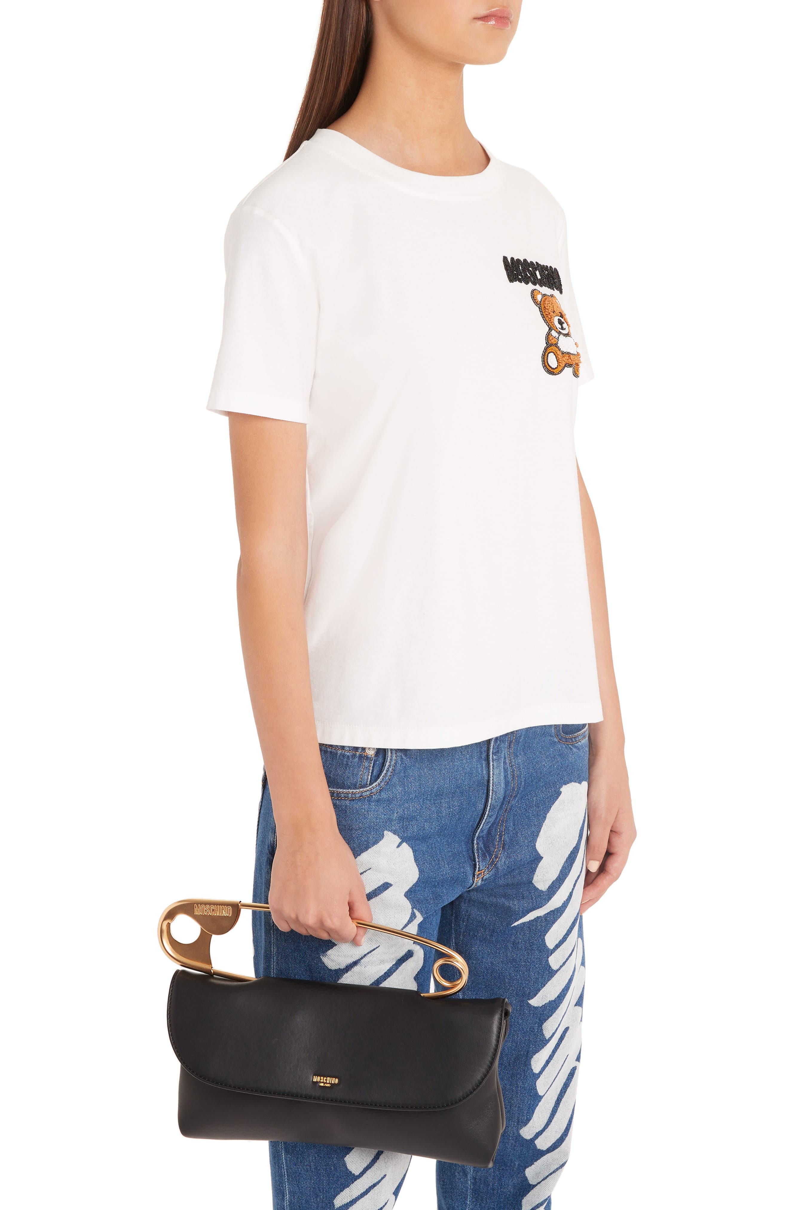 Moschino Safety Pin Top Handle Bag, Alternate, color, 