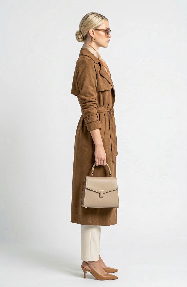 Knit & Lounge Long Sleeve Midi Trench Coat with Belted Waist and Double Breasted Front, Alternate, color, Brown