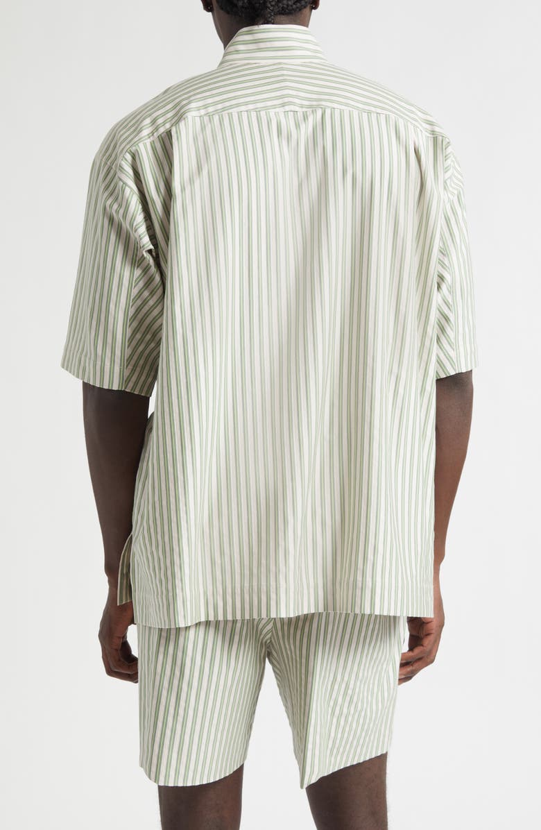 Homme Plissé Issey Miyake Stripe Short Sleeve Stand Collar Cotton Button-Up Shirt, Alternate, color, Green