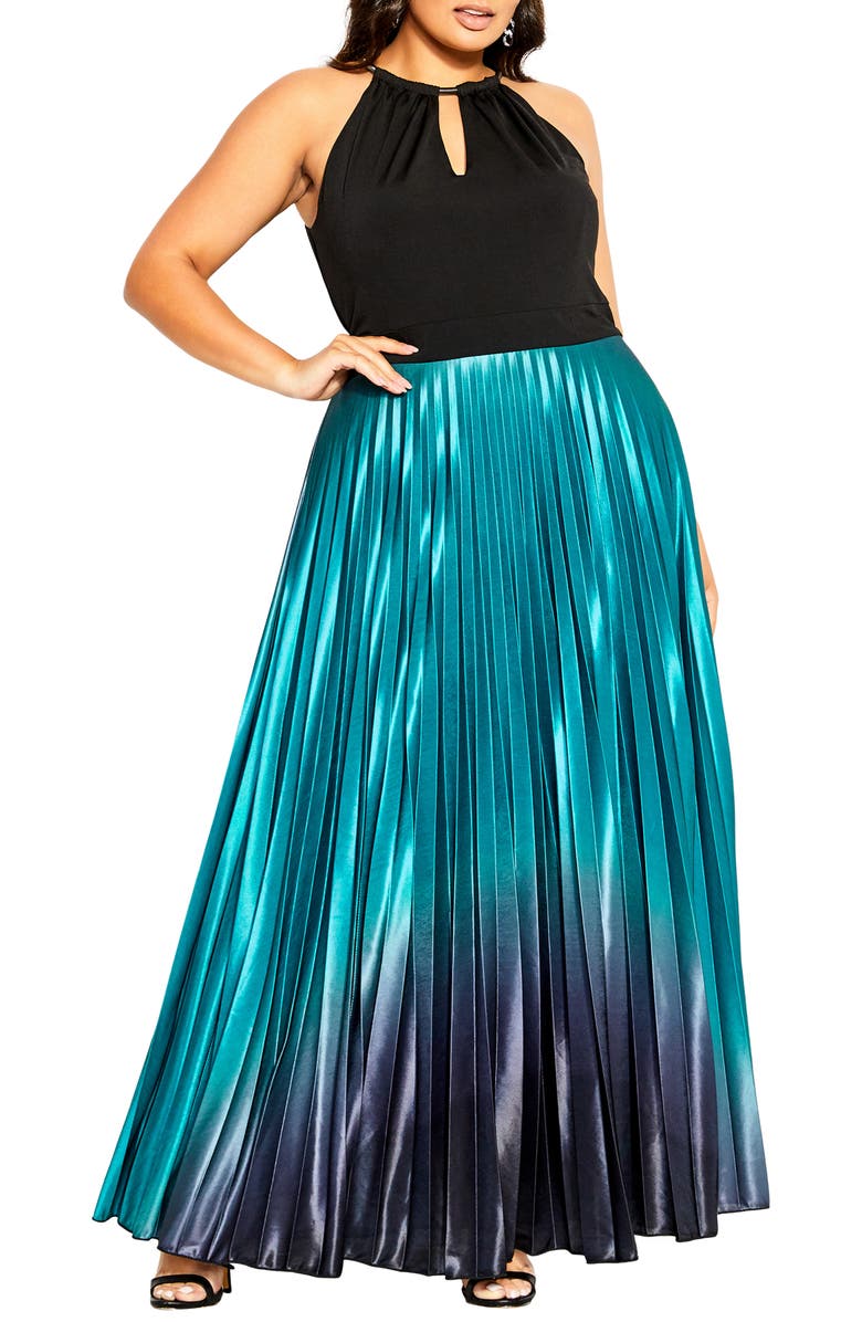 City Chic Ombré Pleated Sleeveless Maxi Dress, Main, color, Black
