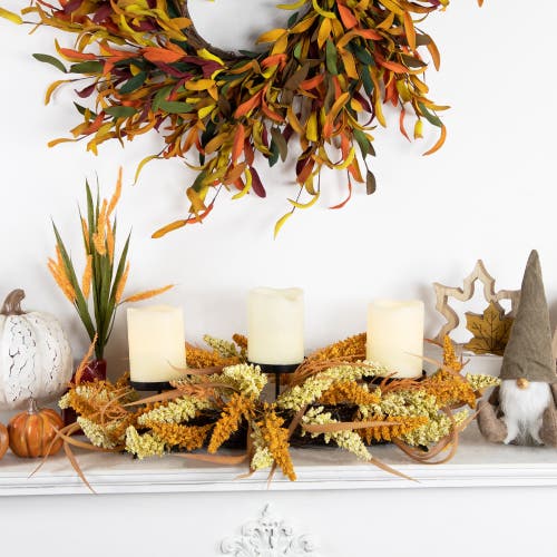 Northlight Autumn Harvest Triple Candle Holder With Artificial Fall Foliage In Multi