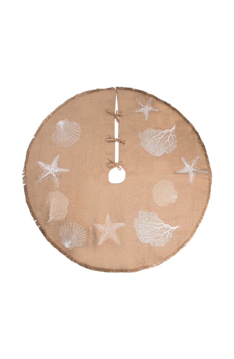 C&F Home Sandy Coast Rustic Brown 100% Polyester Christmas Tree Skirt w/ Fringe 54", Main, color, Beige