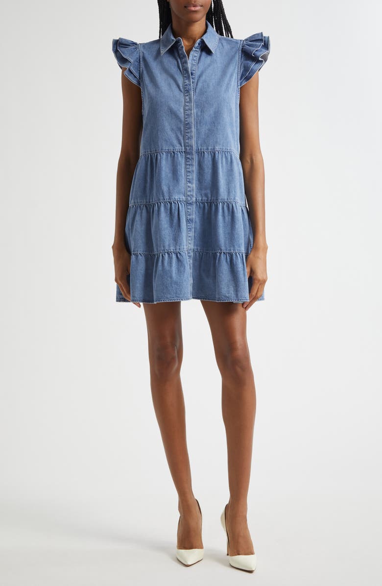 Alice + Olivia Jem Tiered Denim Minidress, Main, color, Light Chambray