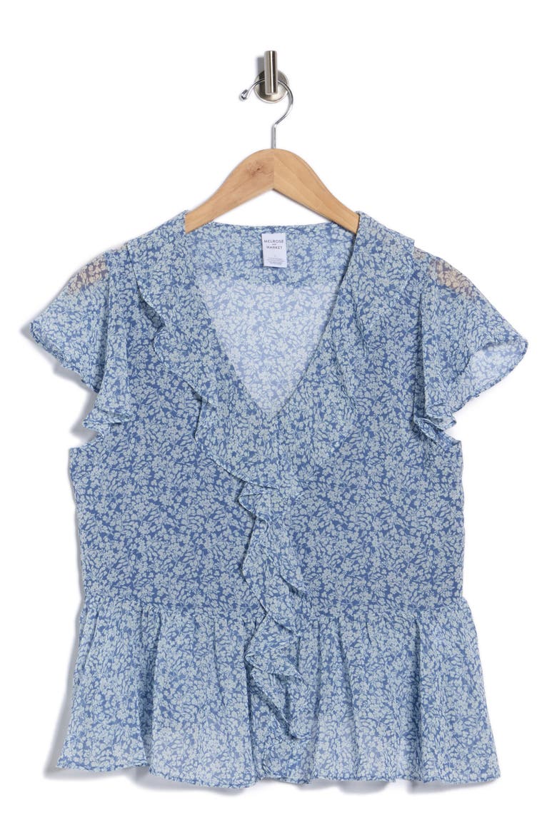Flutter Sleeve Chiffon Peplum Top, Alternate, color, BLUE FRANCES DITSY