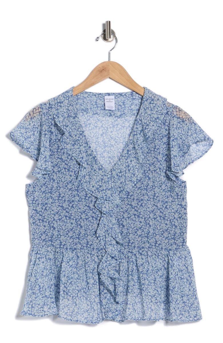 Melrose and Market Flutter Sleeve Chiffon Peplum Top, Alternate, color, Blue Frances Ditsy