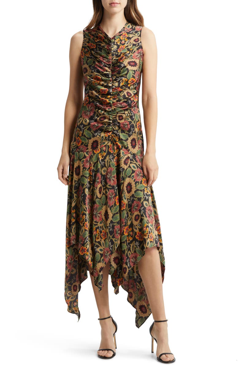 MELLODAY Floral Print Ruched Satin Midi Dress, Main, color,