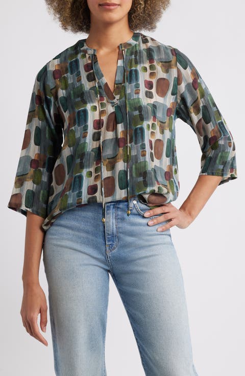 Print Tassel Split Neck Chiffon Top