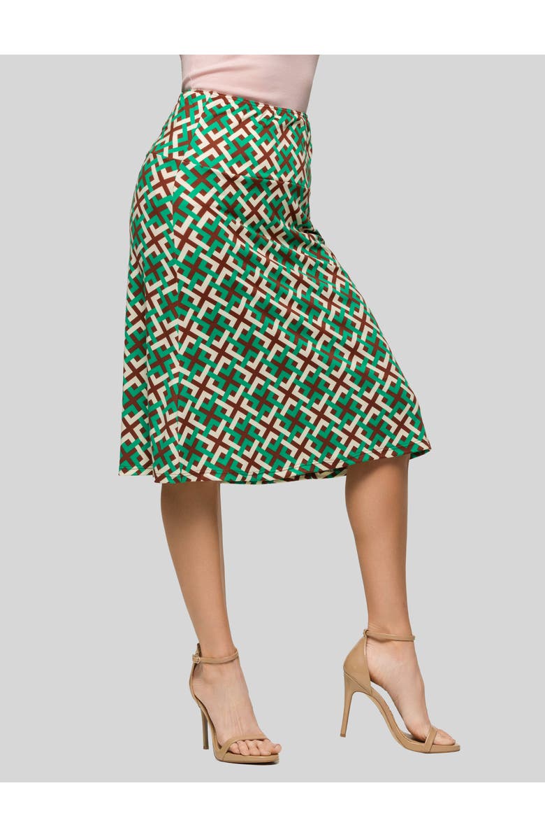24seven Comfort Apparel Geometric Print Comfortable Elastic Waist Knee Length Skirt, Alternate, color, Green Multi