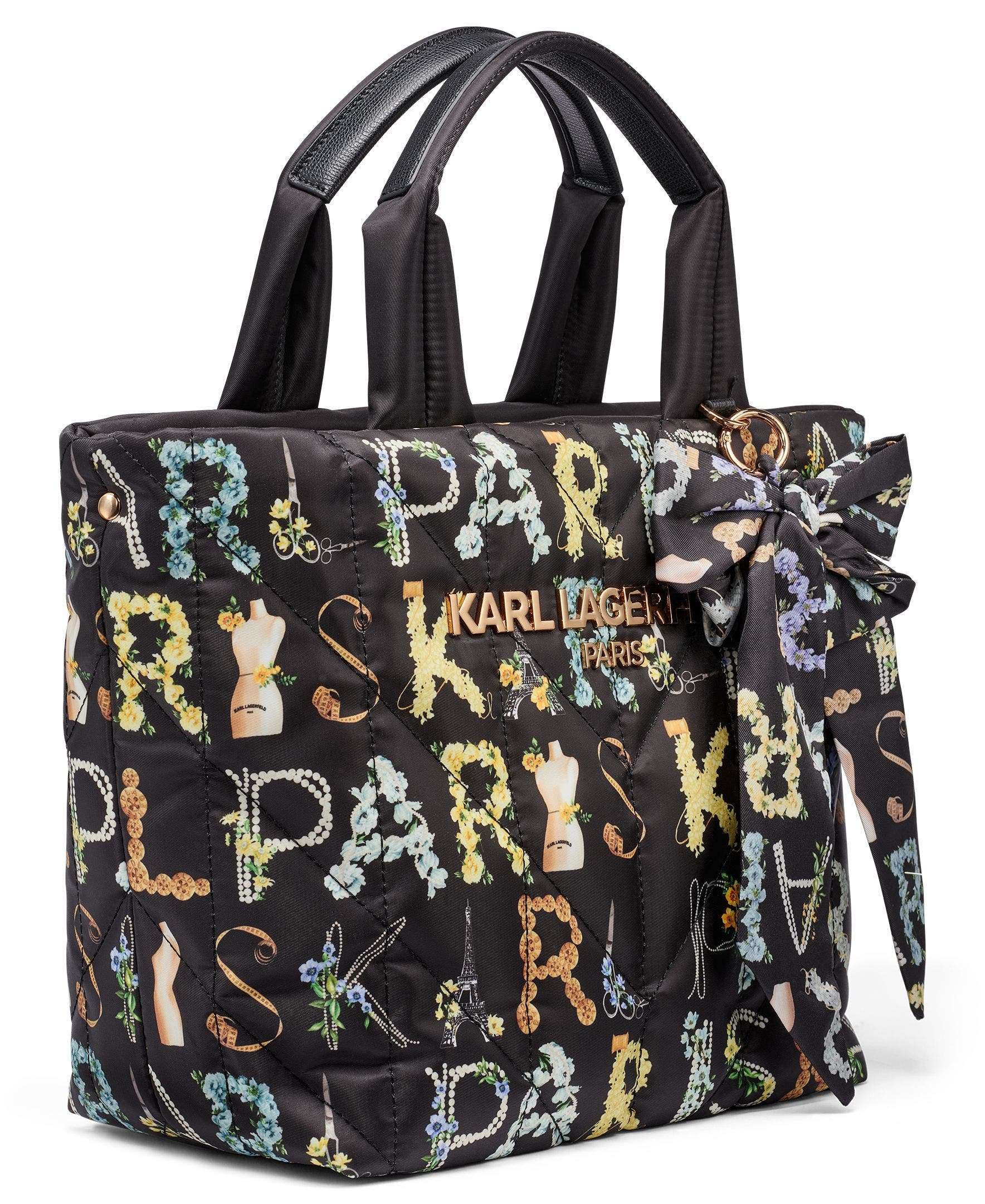 KARL LAGERFELD PARIS Voyage Nylon Tote with Bow, Alternate, color, Black Multi