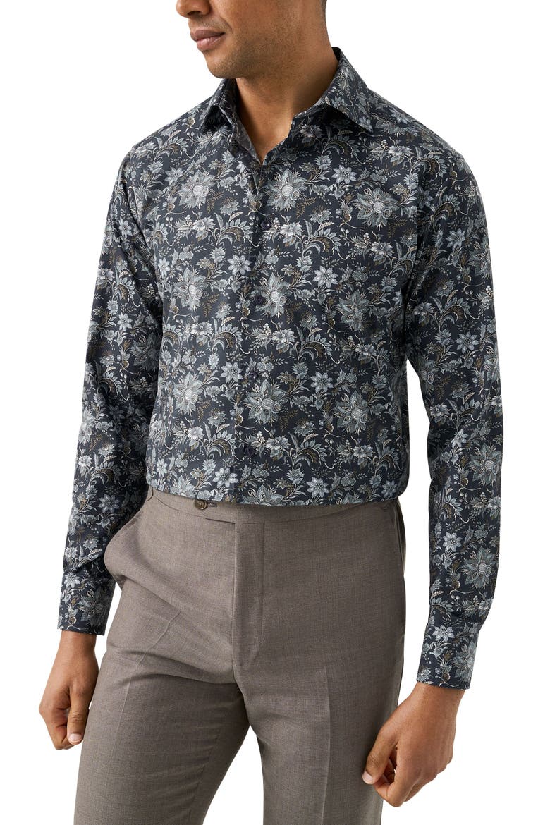 Slim Fit Floral Cotton Dress Shirt, Main, color, DARK BLUE