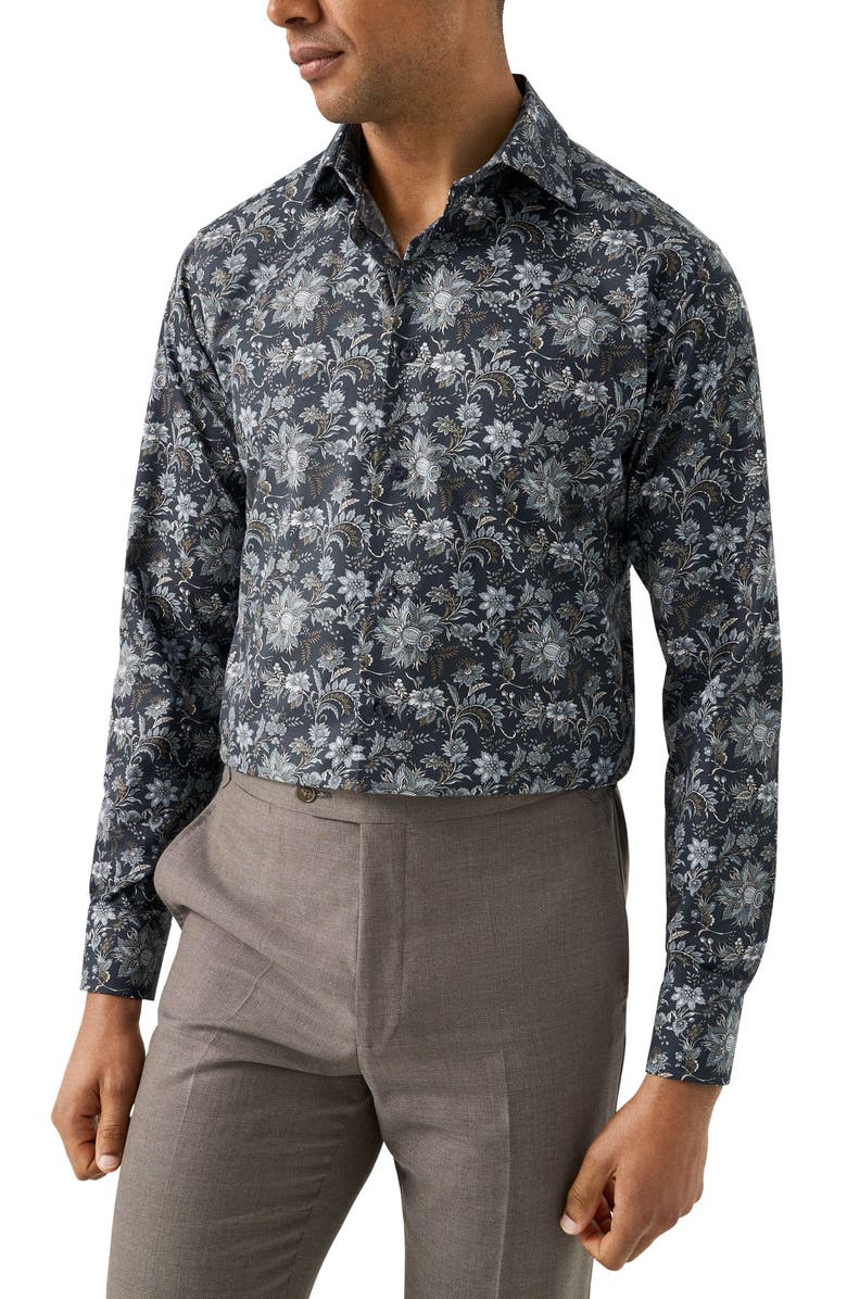 Eton Slim Fit Floral Cotton Dress Shirt, Main, color, Dark Blue
