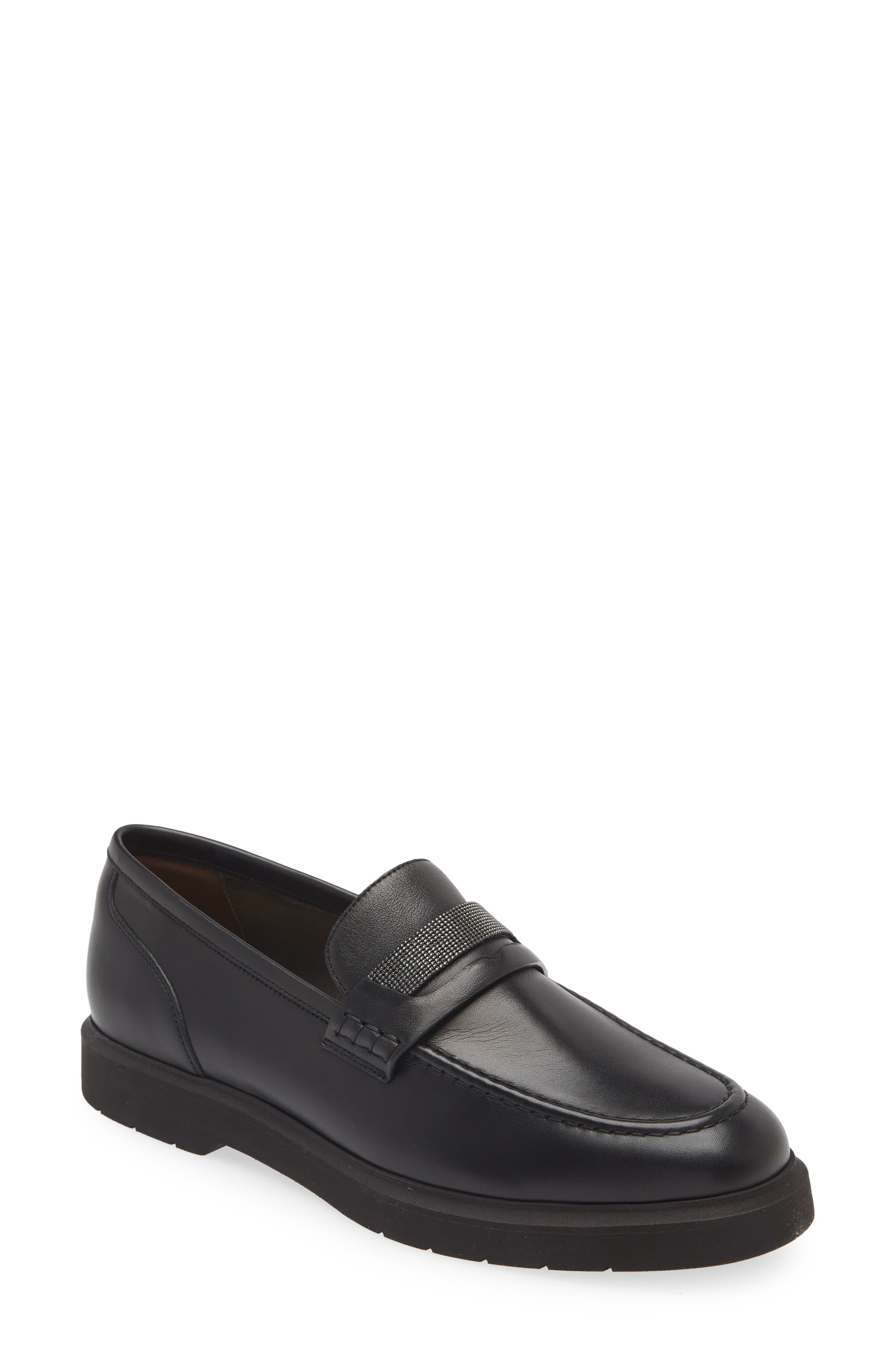 Brunello Cucinelli Monili Trim Leather Loafer, Main, color, Black