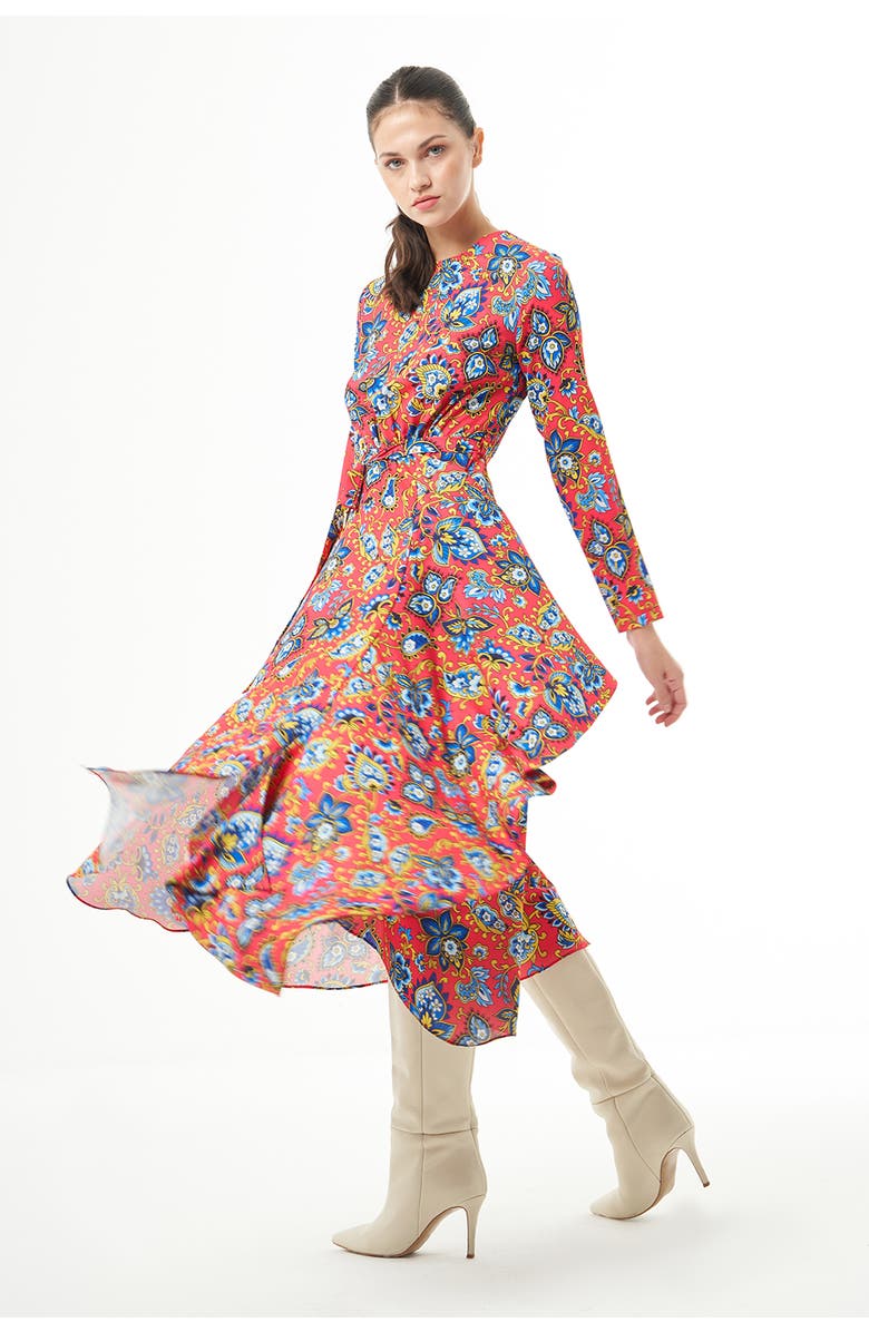 Mizalle Long Sleeve High Neck Midi Dress, Main, color, Patterned