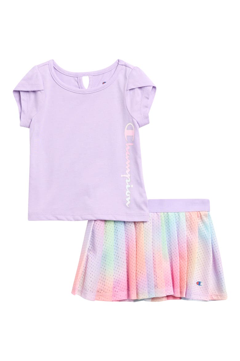 Logo T-Shirt & Mesh Skort Set, Main, color, VIOLET ROSE