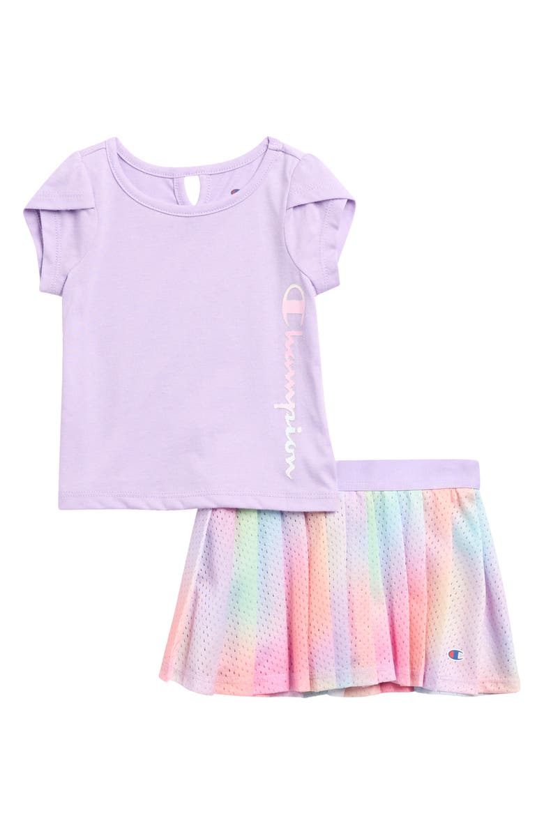 Champion Logo T-Shirt & Mesh Skort Set, Main, color, Violet Rose