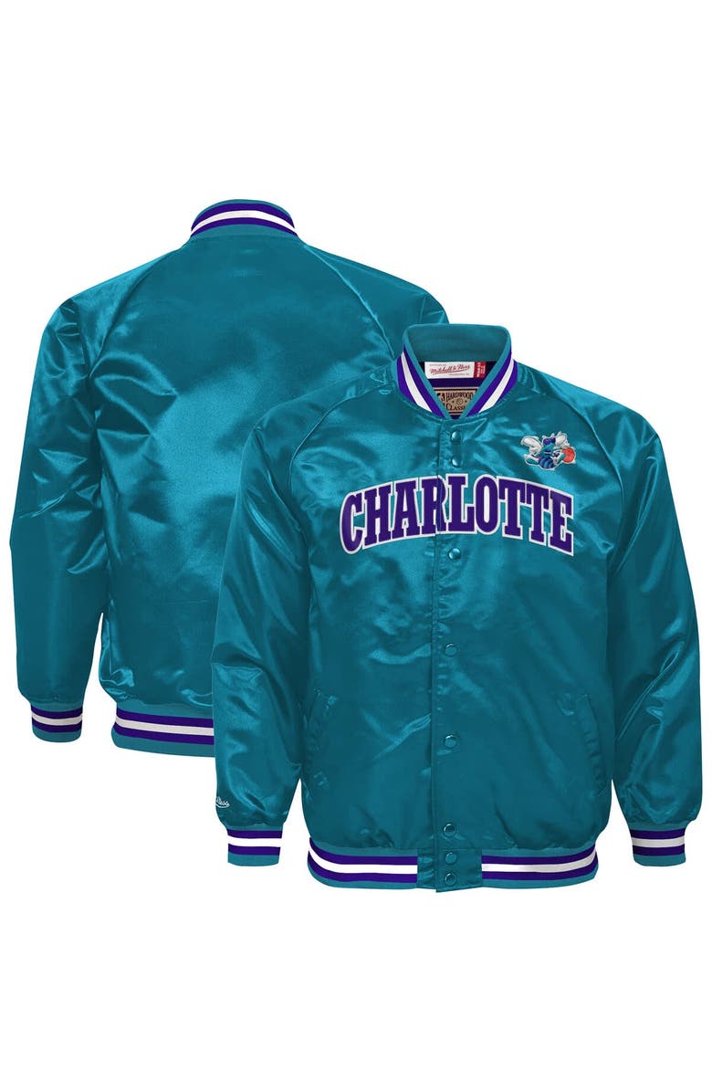 Mitchell & Ness Youth Mitchell & Ness Teal Charlotte Hornets Hardwood Classics Satin Raglan Full-Snap Jacket, Alternate, color, 