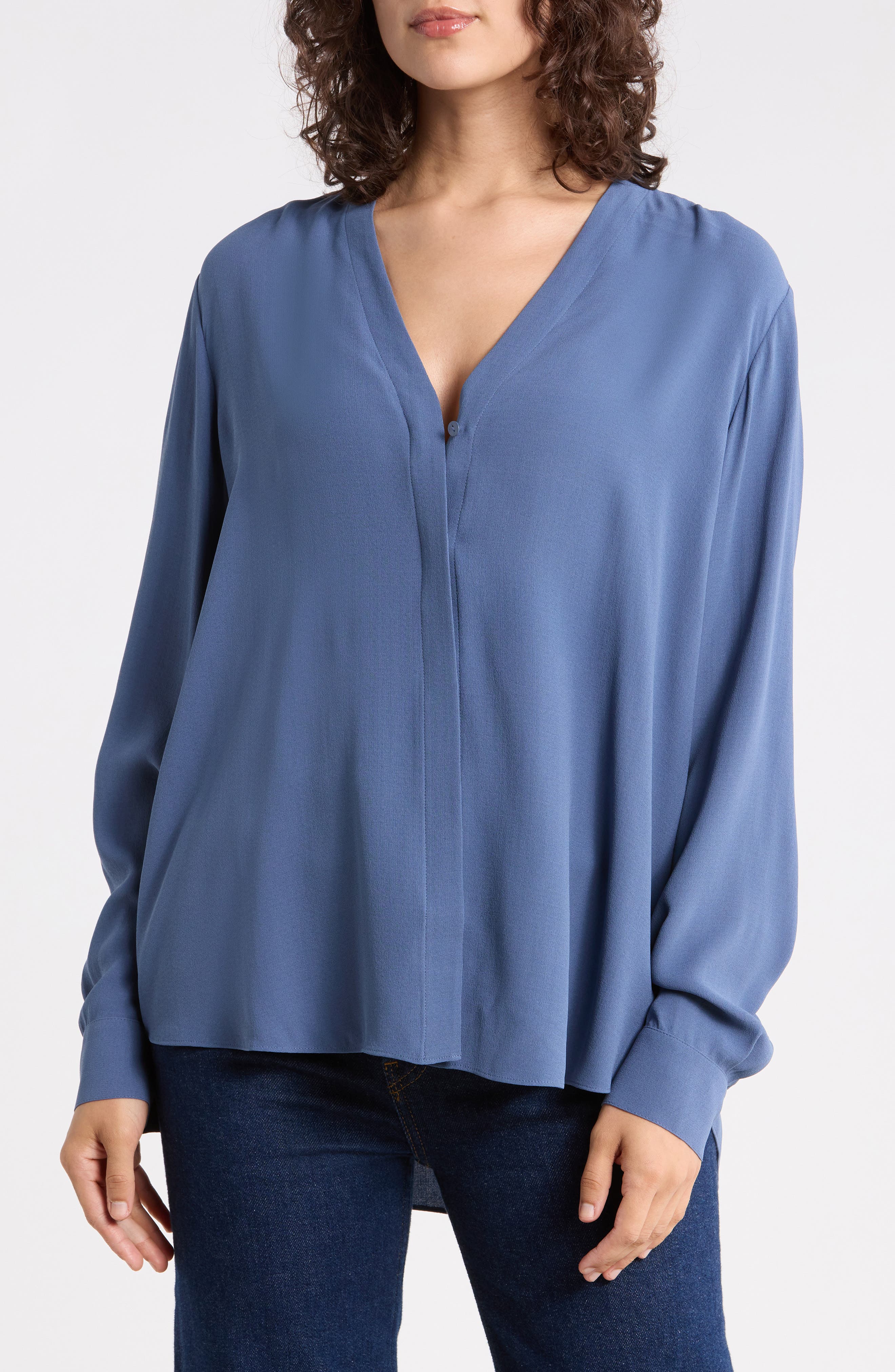 V-Neck Silk Button-Up Shirt