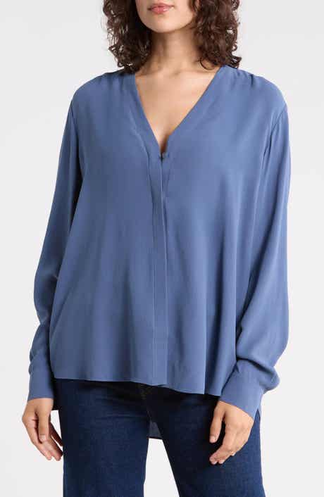 V-Neck Silk Button-Up Shirt