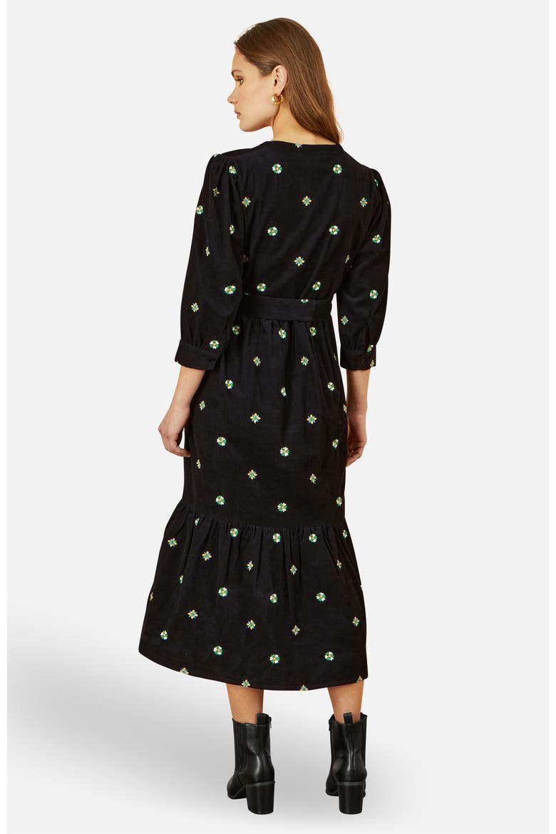 Flower Embroidery Midi Cord Dress, Alternate, color, Black