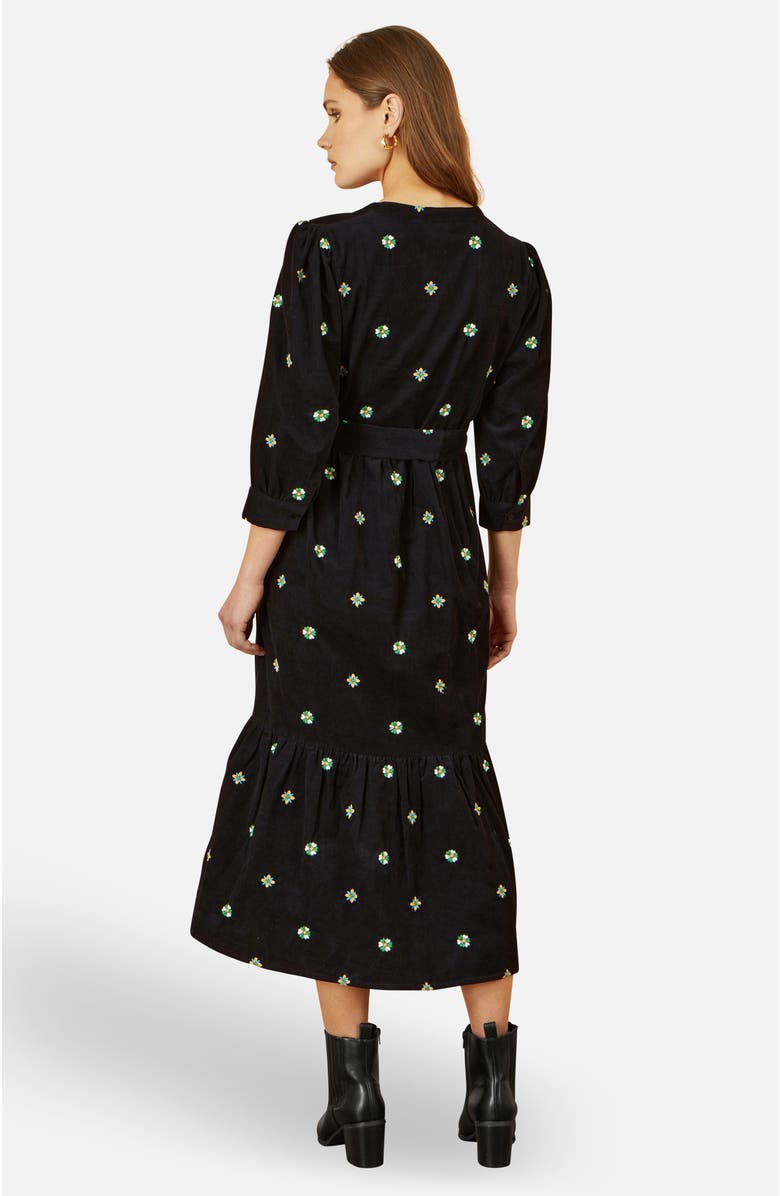 Yumi Flower Embroidery Midi Cord Dress, Alternate, color, Black