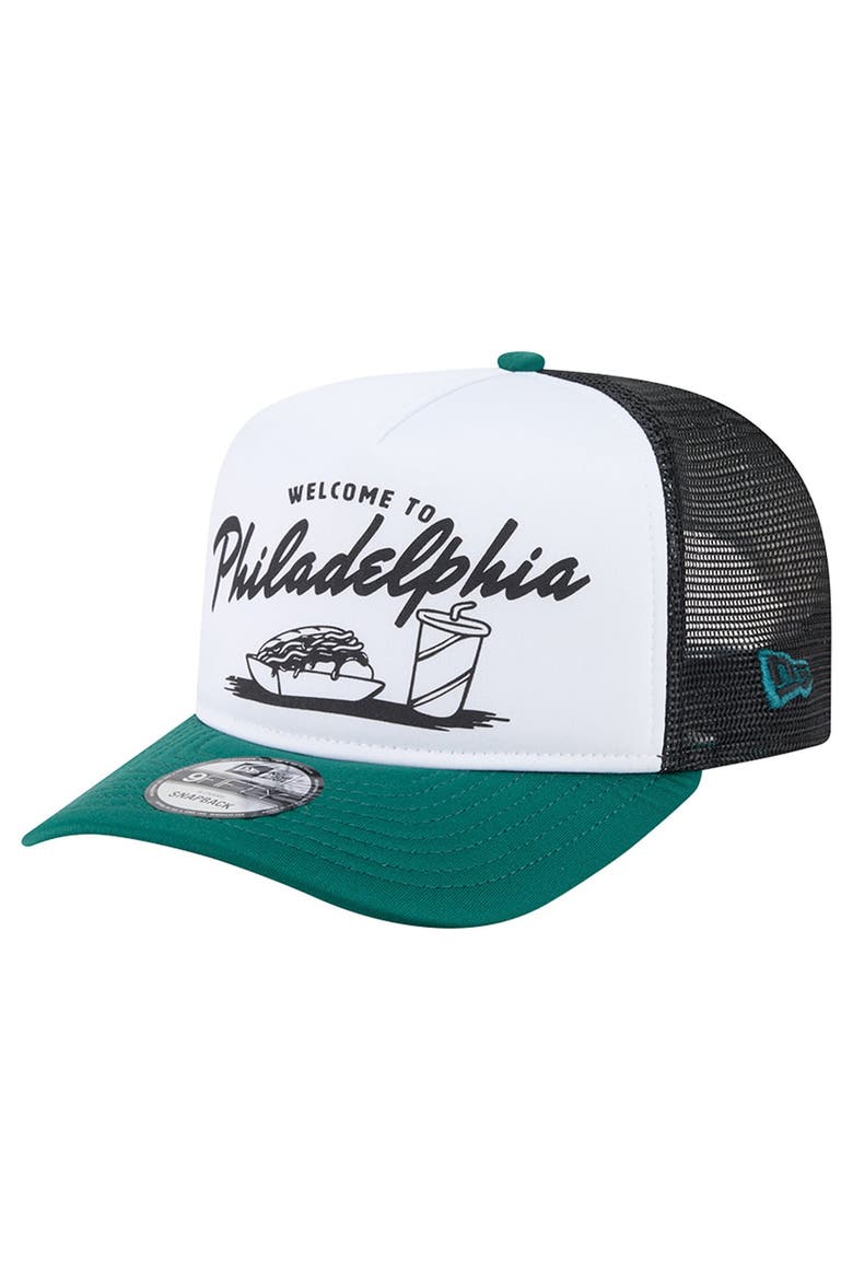 Men's New Era White/Midnight Green Philadelphia Eagles Foodie 9FIFTY A-Frame Trucker Snapback Hat, Alternate, color, White