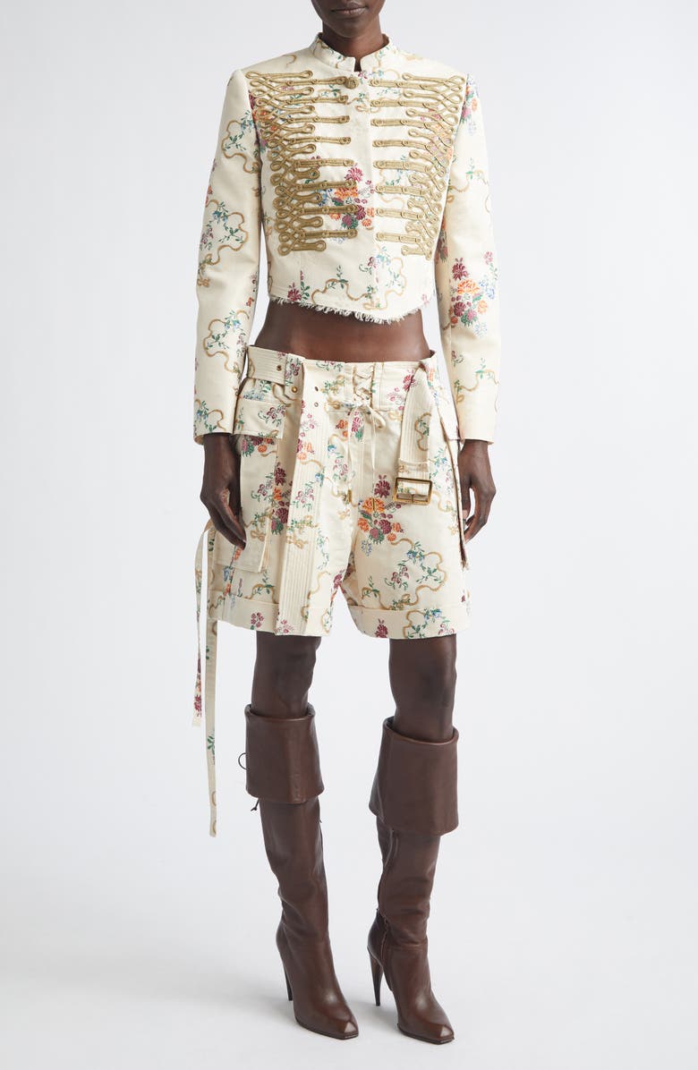 McQueen Embroidered Crop Floral Jacquard Jacket, Alternate, color,