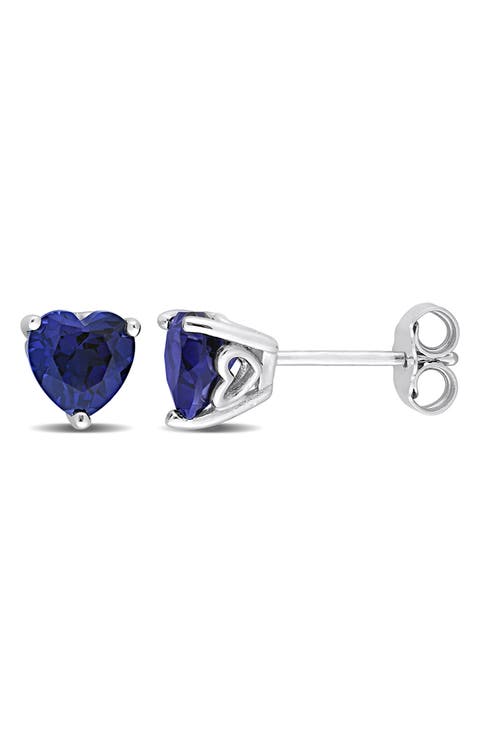 Sterling Silver Created Blue Sapphire Heart Shape Stud Earrings