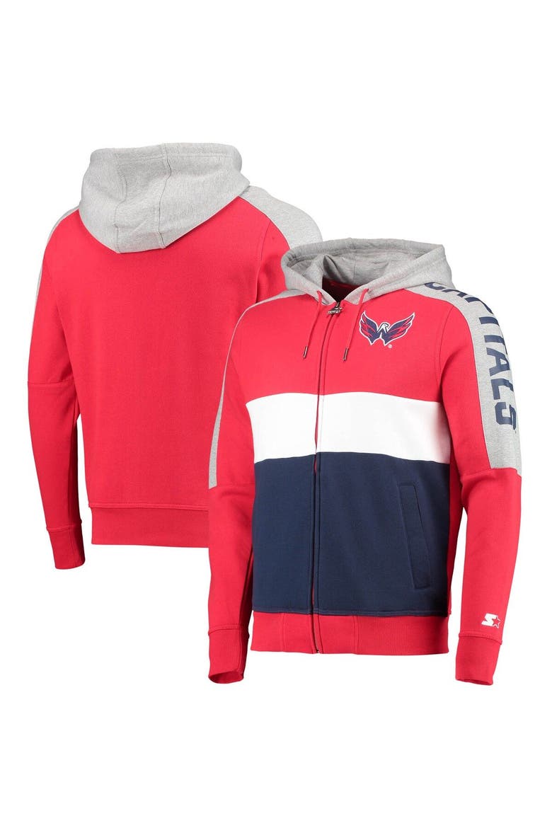 Men's Starter Red/Navy Washington Capitals Playoffs Color Block Full-Zip Hoodie, Main, color, Red