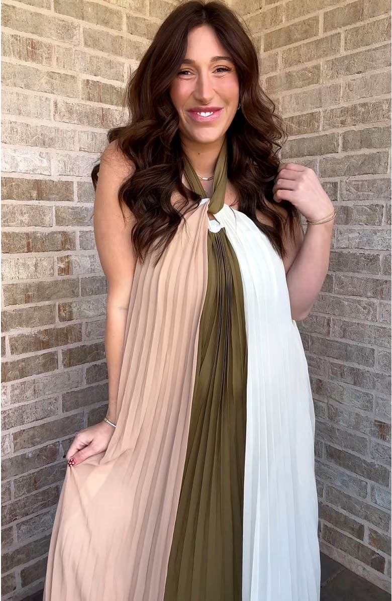 PinkBlush Pleated Halter Neck Maxi Dress, Alternate, color, Olive Green