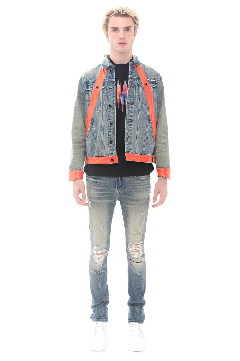 Leather Detail Cotton Denim Trucker Jacket, Alternate, color, ASPEN