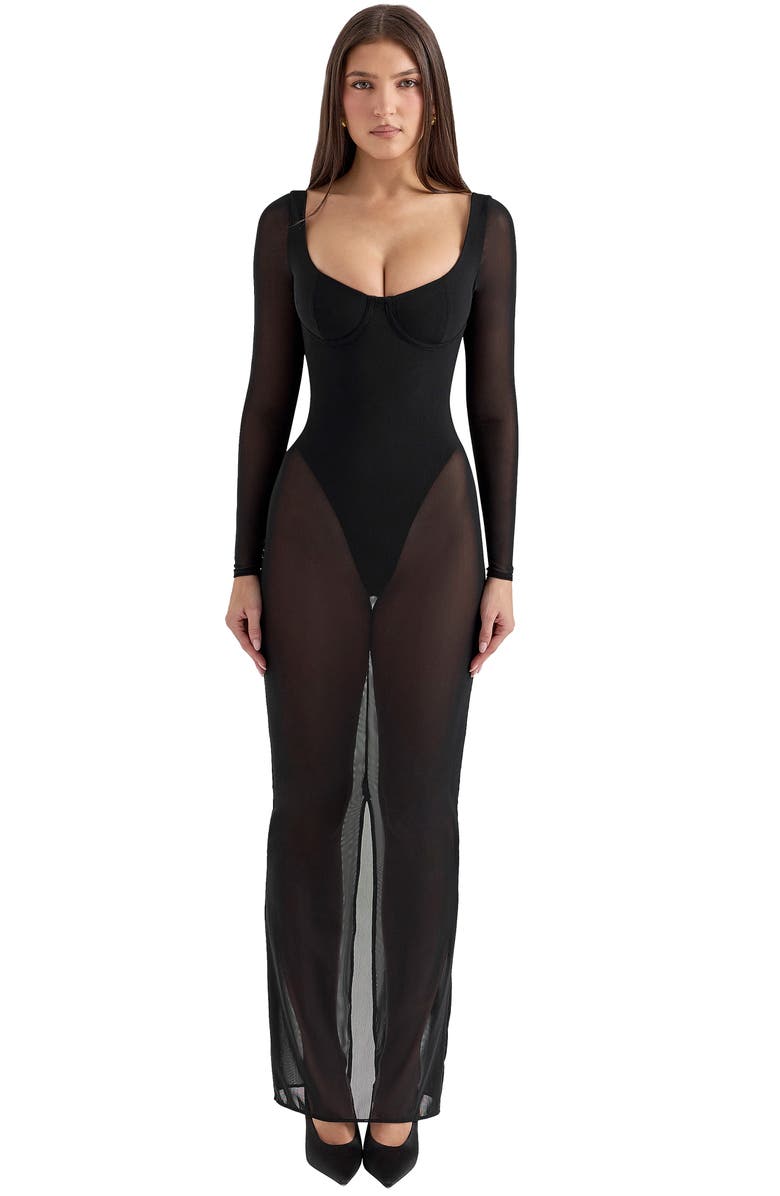 HOUSE OF CB Everly Long Sleeve Sheer Mesh Cocktail Maxi Dress, Alternate, color, Black