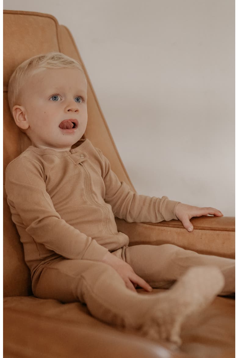 Kids Footed Solid Cotton Matching Family Pajamas, Alternate, color, Beige