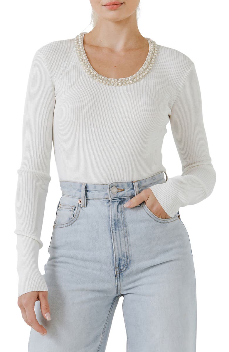 Endless Rose Imitation Pearl Detail Rib Top, Alternate, color,
