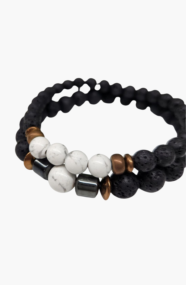 Humanist Beauty Crystal Lava Two Beaded Bracelet Set, Alternate, color, White Howlite