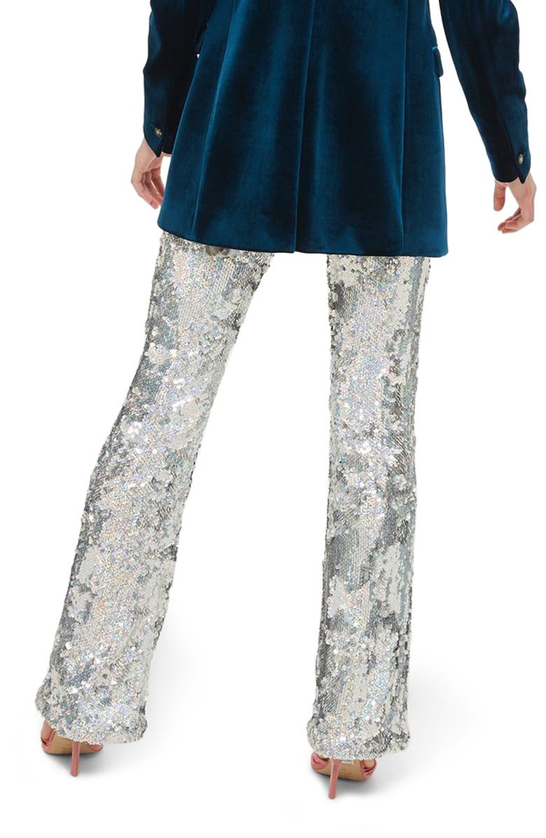 Topshop Premium Sequin Flare Leg Trousers, Alternate, color, 