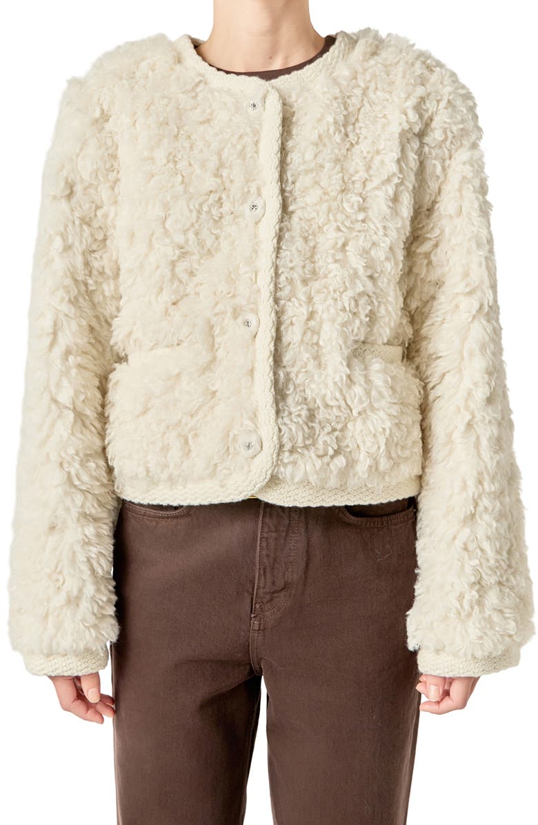 English Factory High Pile Fleece Crop Jacket, Alternate, color, Off White