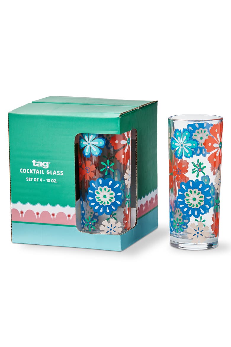 Eclectic Fun Multi Glass Set 4 10oz 2.5x2.5x6in Glass Bar Glasses, Main, color, Blue