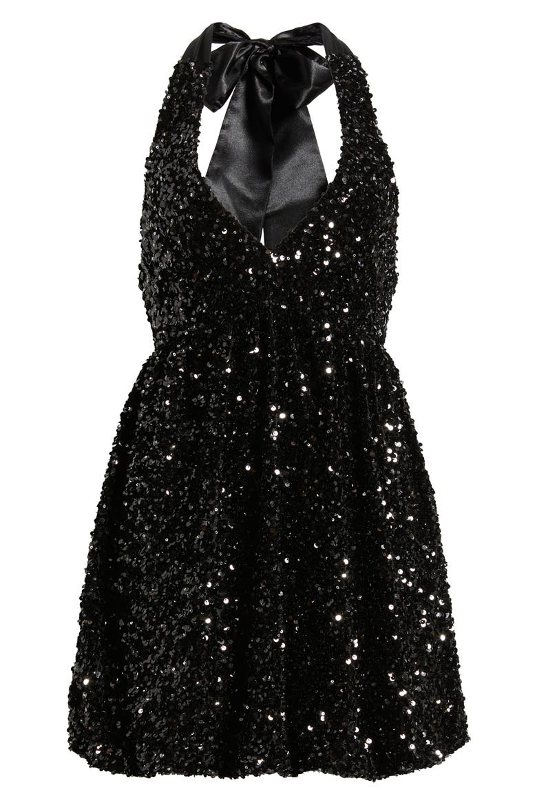 Sequin Plunge Halter Neck Bubble Minidress, Alternate, color, BLACK
