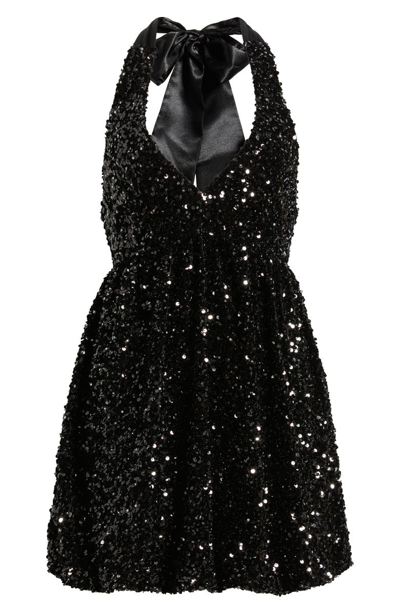 Emerald Sundae Sequin Plunge Halter Neck Bubble Minidress, Alternate, color, Black