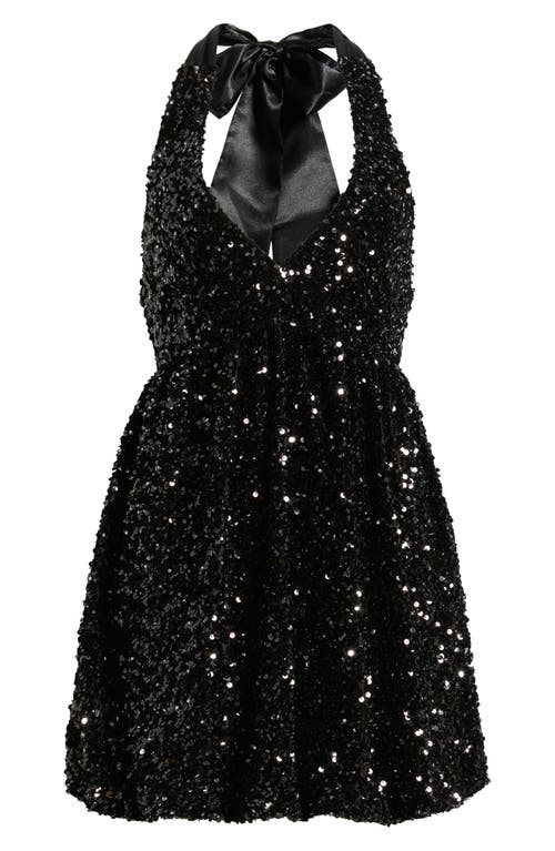 Emerald Sundae Sequin Plunge Halter Neck Bubble Minidress In Black