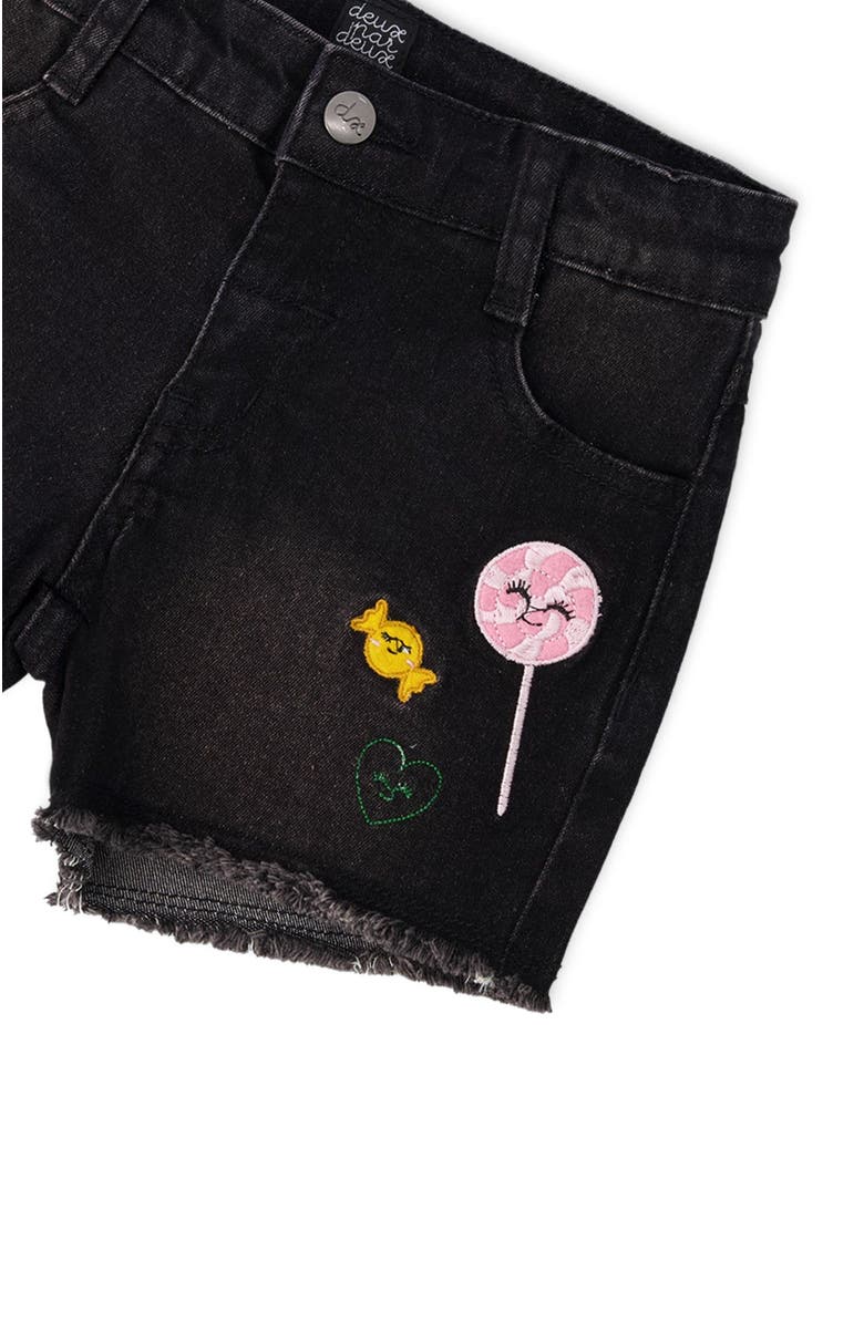 Deux par Deux Candy and Lollipop Embroidery Denim Shorts, Alternate, color, Black Denim